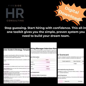 May include: Digital download toolkit for hiring managers. The image features a guide, notes, and a scorecard. Text includes "Stop guessing. Start hiring with confidence." and "build your dream team."