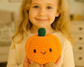 Pode incluir: Uma abóbora laranja de crochê com uma haste verde e pés marrons. A abóbora tem um rosto sorridente com olhos pretos e uma boca curva. O brinquedo de pelúcia é segurado por uma pessoa.