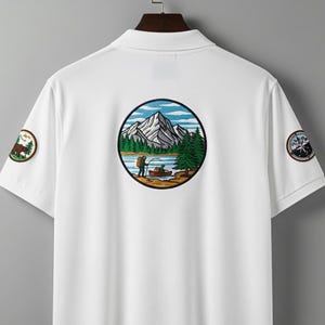 Peut inclure: Polo blanc avec écussons brodés. Le dos présente un écusson circulaire avec une scène de montagne et de lac. Des écussons supplémentaires avec un ours et une boussole sont sur les manches. Le polo a un col classique et des manches courtes.