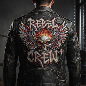 May include: Black leather jacket with a distressed finish, featuring a large embroidered patch on the back. The patch displays a flaming skull with wings and the words "REBEL CREW" in a bold, stylized font. The jacket has a classic biker style.