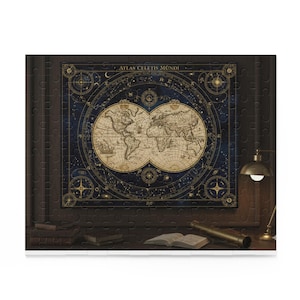 May include: A completed jigsaw puzzle featuring a vintage world map with celestial details. The map is in shades of blue and beige, with the text "ATLAS CELESTIS MUNDI" at the top. The puzzle is on a dark wooden surface with books, a telescope, and a lamp.