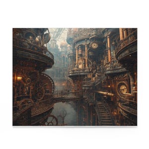 Peut inclure: Un puzzle terminé représentant une ville steampunk avec des détails mécaniques complexes. Le puzzle présente un design complexe avec des engrenages, des tours d'horloge et des ponts, rendu dans des tons de marron, de cuivre et d'or. Le thème général est une cité industrielle fantastique.