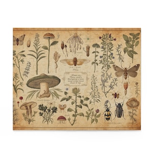 May include: A vintage-style jigsaw puzzle featuring botanical illustrations of mushrooms, plants, insects, and butterflies. The puzzle has a beige background with detailed drawings in shades of brown, green, and beige. Text is included in the design.