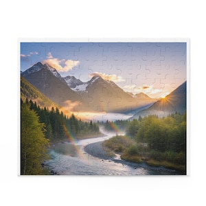 May include: A jigsaw puzzle featuring a scenic landscape of mountains, a river, and a rainbow. The puzzle depicts a mountain range with snow-capped peaks, a winding river, and a vibrant rainbow arching across the sky. The puzzle is a great gift for nature lovers.