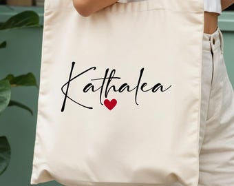 Personalisierte Tote Bag Kathalea, Baumwolltasche Name Herz, Geschenk Freundin Frau