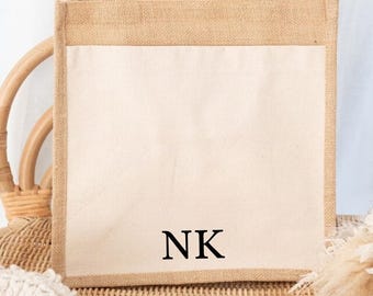 Personalisierte Jutetasche mit Initialen, Monogramm Geschenk Tasche, Jute Tasche Baumwoll Front, Nachhaltige Einkaufstasche