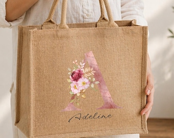 Personalisierte Jute-Einkaufstasche - Blumen Initial Name Shopper Geschenk
