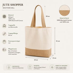 May include: A jute shopper tote bag with a natural canvas upper and a jute bottom. The bag has a 23.2-inch (59 cm) handle, is 16.1-inches (41 cm) tall, and 9.4-inches (24 cm) wide. The bag is made of 100% jute and 100% cotton canvas.