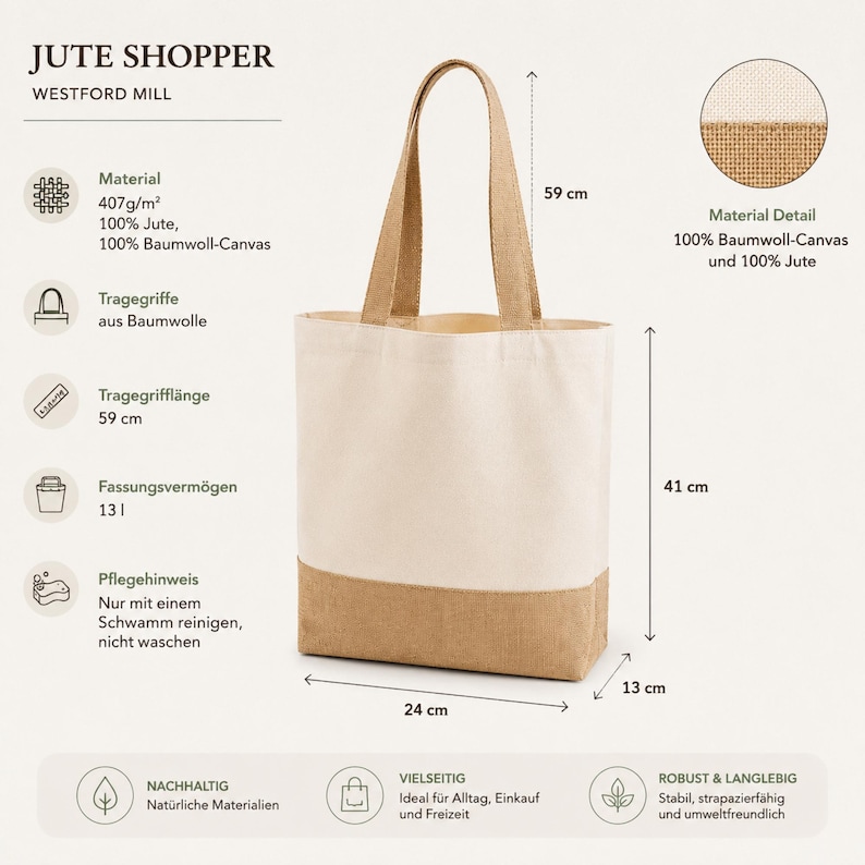 May include: A jute shopper tote bag with a natural canvas upper and a jute bottom. The bag has a 23.2-inch (59 cm) handle, is 16.1-inches (41 cm) tall, and 9.4-inches (24 cm) wide. The bag is made of 100% jute and 100% cotton canvas.