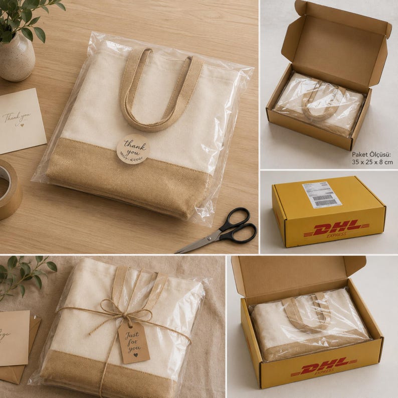 May include: A canvas tote bag with a beige bottom and handles, packaged in clear plastic. A round sticker with "thank you" is on the front. The bag is shown in a box and wrapped with twine, with a tag that says "Just for you".
