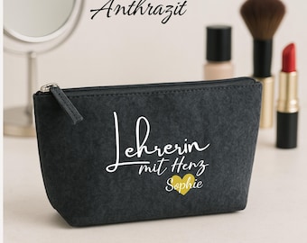 Lehrerin mit Herz Kosmetiktasche personalisiert – Filz Kulturtasche mit Name – Abschied Schule Kindergarten