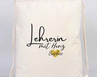 Lehrerin mit Herz Turnbeutel personalisiert – Erzieherin Gym Bag – Abschiedsgeschenk Schule Kindergarten