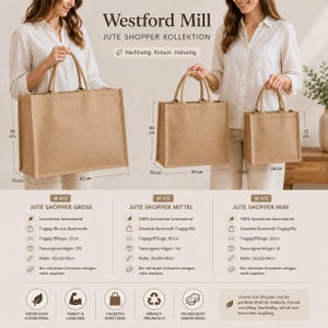 K&ouml;nnte beinhalten: Drei rechteckige Jute-Einkaufstaschen in gro&szlig;, mittel und klein mit Baumwollgriffen. Die Taschen haben Ma&szlig;e von 42x33x19cm, 30x30x19cm und 26x22x14cm. Der Text umfasst Westford Mill Jute Shopper Kollektion und technische Produktdaten.