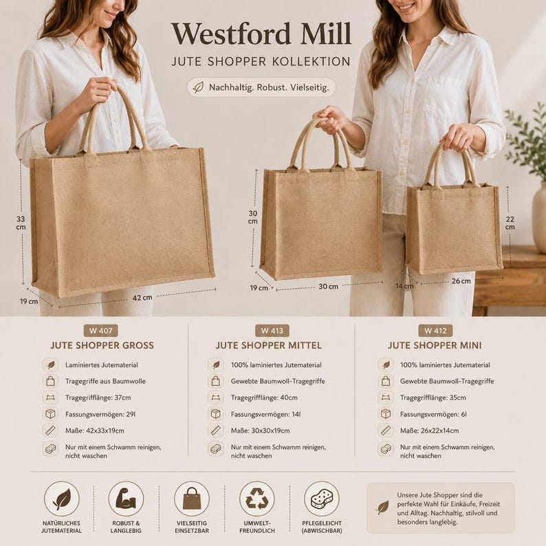 K&ouml;nnte beinhalten: Drei rechteckige Jute-Einkaufstaschen in gro&szlig;, mittel und klein mit Baumwollgriffen. Die Taschen haben Ma&szlig;e von 42x33x19cm, 30x30x19cm und 26x22x14cm. Der Text umfasst Westford Mill Jute Shopper Kollektion und technische Produktdaten.