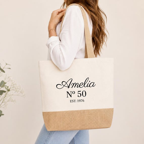 Personalized Jute Tote Bag – 50th Birthday Gift for Her, Name & Year Shopper