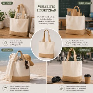 May include: A collection of canvas tote bags with a natural beige and tan color scheme. The bags are shown in various settings, including at home, school, the beach, and on the go. The bags have sturdy handles and a simple design.