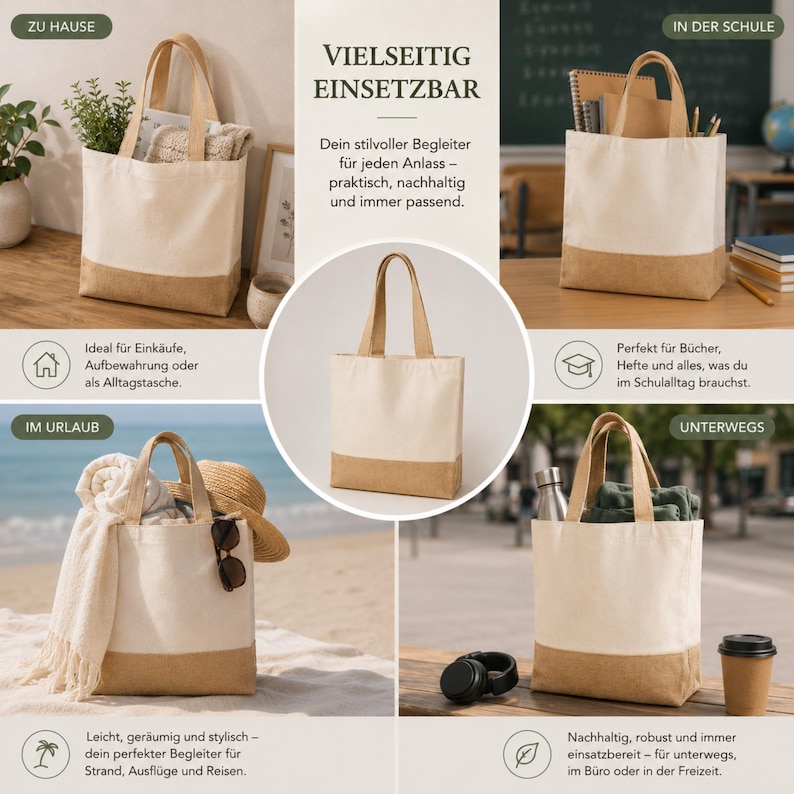May include: A collection of canvas tote bags with a natural beige and tan color scheme. The bags are shown in various settings, including at home, school, the beach, and on the go. The bags have sturdy handles and a simple design.