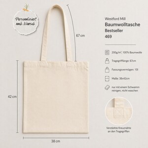 May include: A beige cotton tote bag with long handles, measuring 15 inches wide, 16.5 inches tall, and 26.4 inches for the handle length. The bag has reinforced cross seams on the handles and the text "Personalisiert nach Wunsch".