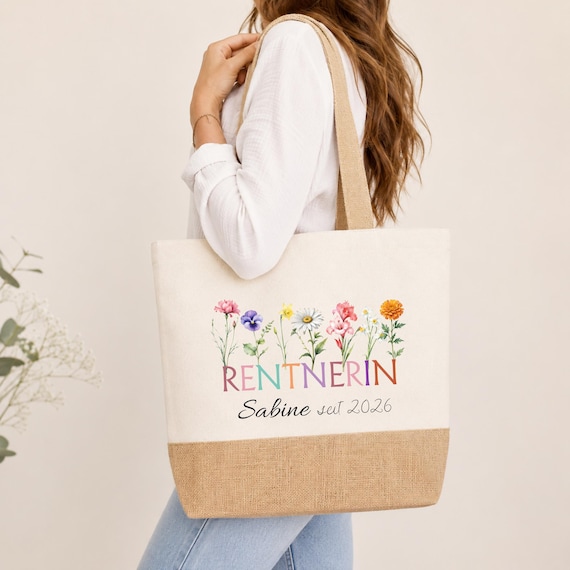 Personalisierte Rentnerin Tasche mit Name & Jahr – Geschenk zum Ruhestand – Abschiedsgeschenk Kollegin – Renteneintritt Geschenk Frau
