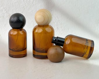 Amber Glass Spray Bottle 30ml 50ml, Refillable Perfume Atomizer with Wood Ball Cap, Essential Oil Body Mist Bottle