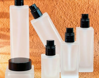 White Frosted Glass Lotion Bottles & Cream Jars with Black Caps, Reusable Cosmetic Jars, Refillable Cosmetic Containers for Beauty Products