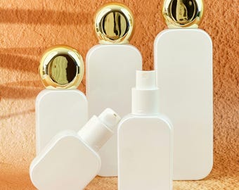 White Glass Lotion Pump & Spray Bottles, Empty Cosmetic Packaging for Skincare, Serum, Body Mist, Beauty Containers with Elegant Gold Caps