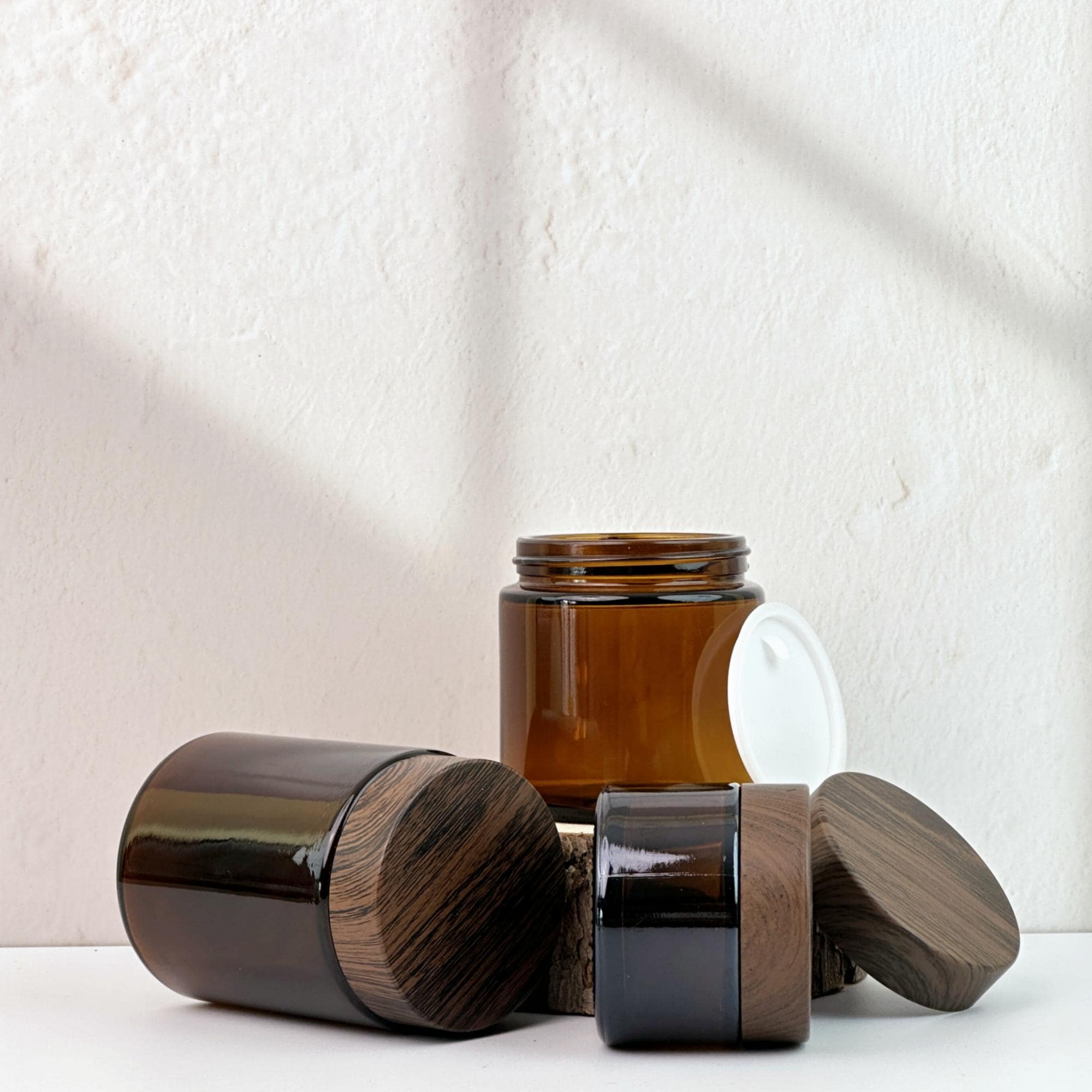 Empty Amber Brown Glass Jars With Faux Wood Plastic Lid, Travel ...