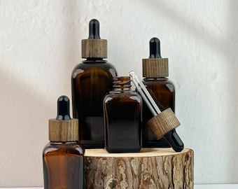 Amber Glass Dropper Essential Oil Bottle with Natural Wooden Caps, Suitable for Perfumes, Serums, Home Use and Travel Use