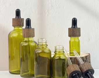 Green Glass Pipette Bottle, Refillable Essential Oil Container with Natural Wood Cap, Suitable for Aromatherapy, Leak proof Dropper Bottle