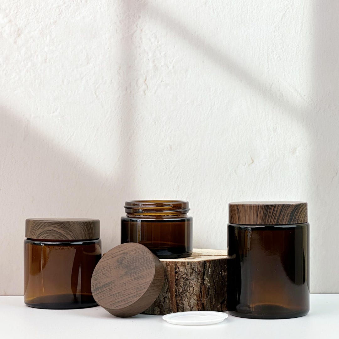 Empty Amber Brown Glass Jars With Faux Wood Plastic Lid, Travel ...