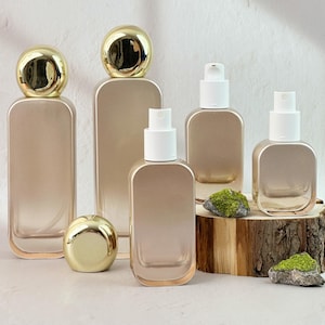 Champagne Gold Gradient Spray Bottle, Refillable Lotion & Perfume Atomizer, Gold Ball Cap/White Pump Options, Skincare Vanity Decor