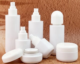White Cosmetic Packaging - Refillable Lotion Pump Bottles, Fine Mist Spray Bottles & Cream Jars for Daily Use, DIY Cosmetics