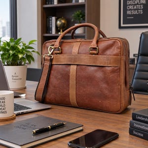 Peut inclure: Une mallette en cuir marron dotée de deux poignées supérieures, d'une bandoulière amovible avec des ferrures couleur laiton et d'une bande de cuir verticale sur le devant. Le sac a une forme rectangulaire avec des coutures et une fermeture éclair.