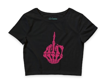 Skeleton Hand Middle Finger Crop Tee, Edgy Goth Festival Top