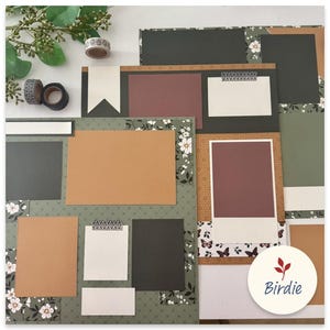 Puede incluir: Diseño de álbum de recortes con elementos de papel en tonos marrón, verde y blanco. Incluye marcos de fotos, papel estampado y cinta decorativa. El diseño incorpora patrones florales y de mariposas. El logotipo "Birdie" es visible.