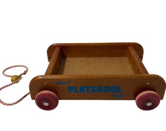 Carrito de madera Playskool vintage con ruedas rojas, juguete Colorol de mediados de siglo, 1950.