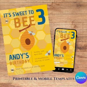 Op de afbeelding: Een gele verjaardagsuitnodiging met een bijenthema. De uitnodiging luidt "It's Sweet to Bee 3" met een cartoon bijenkorf en bijen. Een smartphone toont hetzelfde ontwerp. De uitnodiging bevat de tekst "Andy's Birthday".