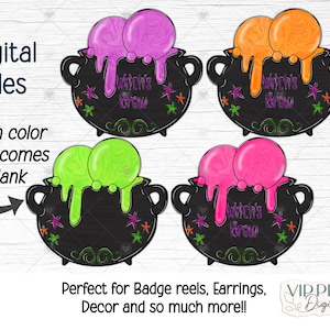 May include: Four black cauldron illustrations with bubbling liquid in purple, orange, lime green, and hot pink. Each cauldron features the text Witch's Brew and small star accents. The image includes text stating digital files and that each color also comes blank.