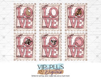 Love Stamps PNG: Farm Animal Valentine Sublimation Designs (Digital Download)