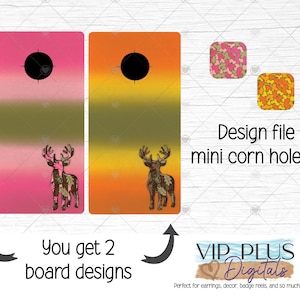 Puede incluir: Dos diseños de mini tableros de cornhole con ilustraciones de ciervos. Un tablero tiene un degradado rosa y verde, el otro un degradado naranja y verde. Cada tablero tiene un círculo negro. El texto dice "Obtienes 2 diseños de tablero" y "Archivo de diseño para mini juego de cornhole."
