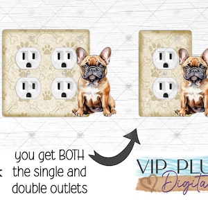 May include: Decorative light switch covers featuring a French Bulldog illustration. The covers have a beige background with paw prints and bone designs. The image includes both single and double outlet covers.