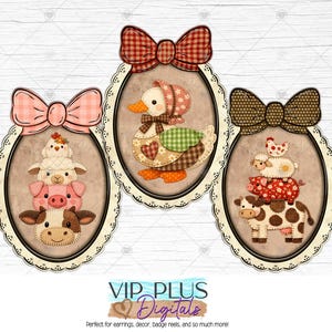 May include: Three oval-shaped digital designs featuring stacked farm animals. Each design includes a cow, pig, sheep, and chicken, with a decorative bow at the top. The designs are framed with a scalloped edge and a neutral background.