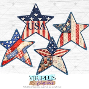 May include: Four patriotic star designs with red, white, and blue patterns. One star features the word "USA". The stars have a blue border and are set against a white wood grain background. The image is for earrings, decor, badge reels, and more.