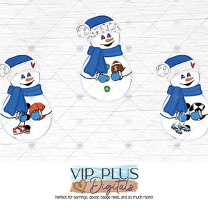 May include: Three snowman designs wearing blue hats and scarves, each holding a different sports ball: basketball, football, and soccer ball. The snowmen have smiling faces and are decorated with sports-themed accessories. The text "VIP PLUS Digitals" is at the bottom.
