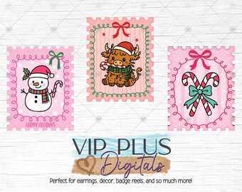 Christmas Stamps PNG: Pink Holiday Sublimation Designs (Digital Download)