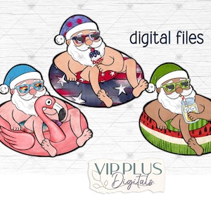 May include: Digital illustration of three Santas relaxing on inflatable floats. One Santa is on a flamingo float, another on a star-spangled float, and the third on a watermelon float. Each Santa wears sunglasses and a Santa hat.