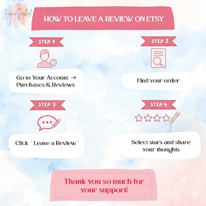 May include: An instructional graphic titled HOW TO LEAVE A REVIEW ON ETSY with four steps. Step 1: Go to Your Account, Purchases & Reviews. Step 2: Find your order. Step 3: Click Leave a Review. Step 4: Select stars and share your thoughts. Thank you so much for your support!