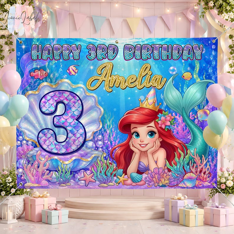 May include: A rectangular birthday backdrop featuring a blue underwater scene with a large number 3 inside a seashell, a mermaid character with red hair and a crown, and the text HAPPY 3RD BIRTHDAY Amelia in blue and gold lettering.