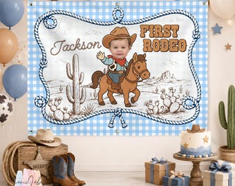 Personalized Photo First Rodeo Backdrop, Custom Face Cowboy Birthday Banner