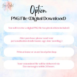 May include: A digital download information graphic with a watercolor background. Text reads: Option, PNG File (Digital Download), You will receive a digital PNG file, After purchase, please send your personalization details, Print at home, Your customized file will be delivered via Etsy messages within 24 hours.